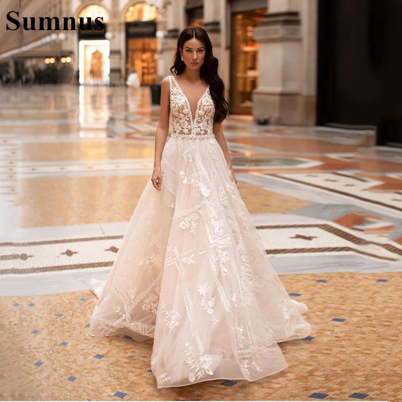 Sumnus Bohemian Trouwjurken V-hals Lange Mouwen Tule Kant Applicaties Boho Bridal Dress Prinses Bruidsjurken Custom Made