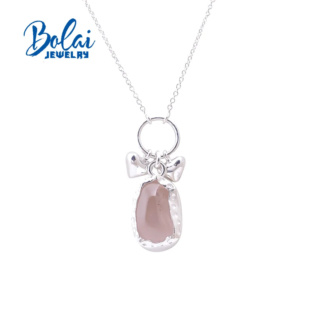 2021 new 925 pure silver natural Rose Quartz rough gemstone necklace, fresh and simple design, suitable for everyday jewelry