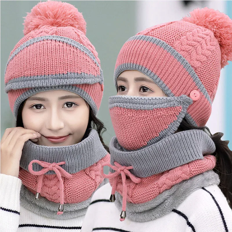 Fashion Hat Women Knitted Beanie Scarf Hat Face Mask Set Snood Neck Winter Pompom Cap Thicken Winter Beanies For Ladies Hat