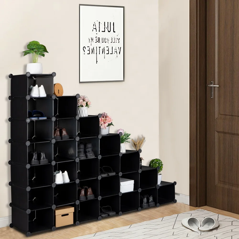 7-Tier Shoe Rack Space Saving 28-Pair Plastic Shoe Units Cabinet Storage Organizer for Entryway Hallway Bathroom Living Room