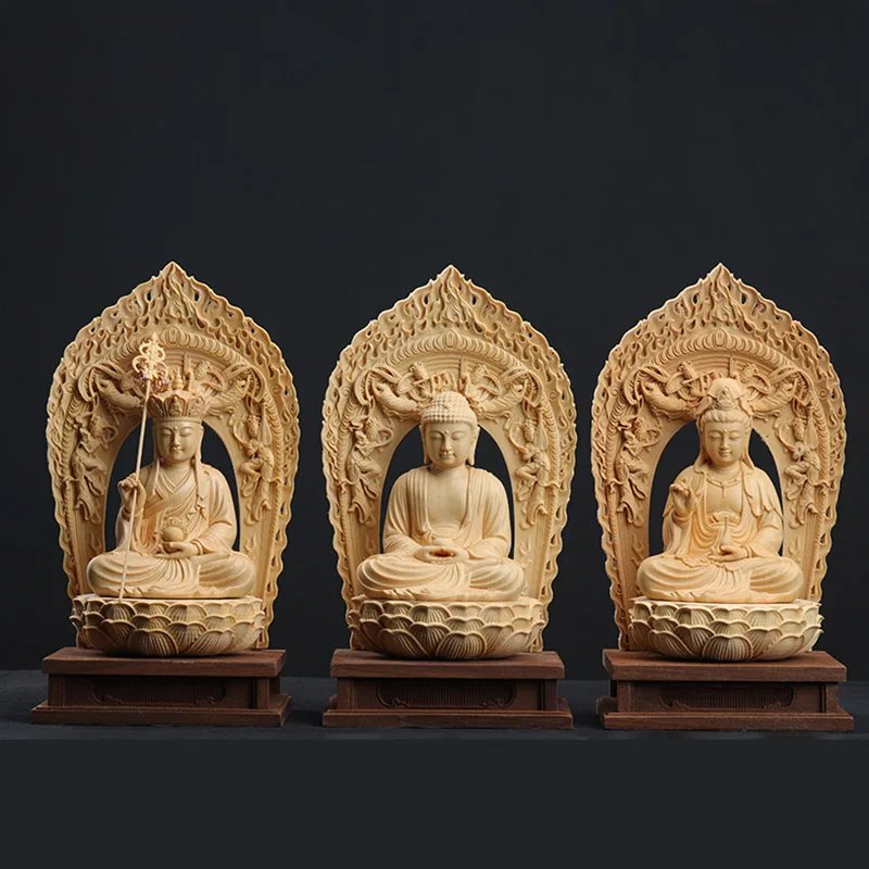 Masterful Wood Artistry, Depicting Buddha, Ksitigarbha and Guanyin, Trio of Divine Buddhist Guardians, Feng Shui Inspired