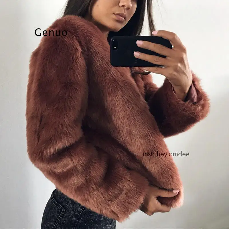 Thick Warm Faux Fur Coat Women Winter Autumn Long Sleeve V Neck Shaggy Fur Jacket Coat Female Casual Fluffy Overcoat Jackets