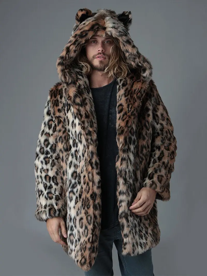 Hot Selling Men\'s Leopard Print Coat Winter Coat Fashion Men\'s Punk Jacket Street Wear Long Faux Fur Coat