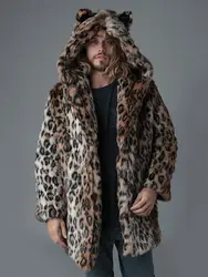 Hot Selling Men's Leopard Print Coat Winter Coat Fashion Men's Punk Jacket Street Wear Long Faux Fur Coat