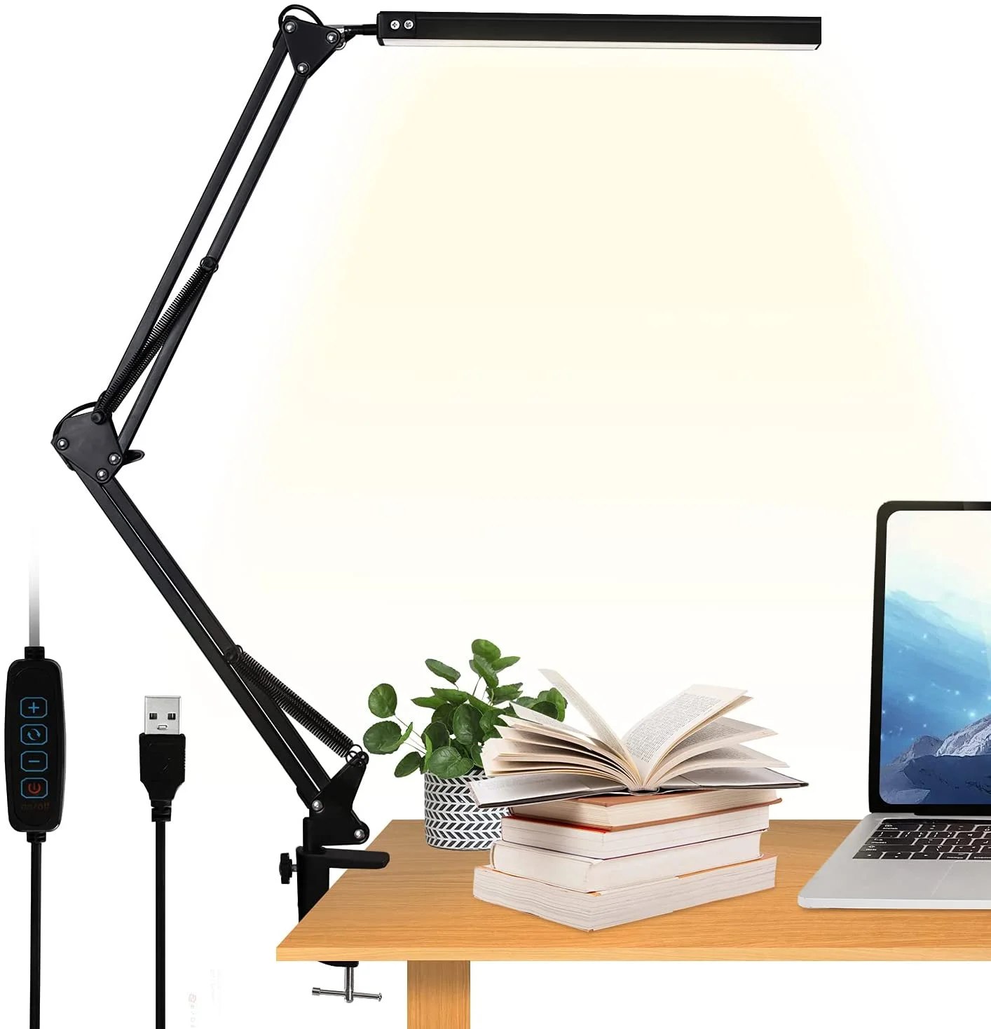 LED Desk Lamp with Clamp, 10W Swing Arm Desk Lamp, Eye-Caring Dimmable Desk Light with 10 Brightness Level, 3 Lighting Modes