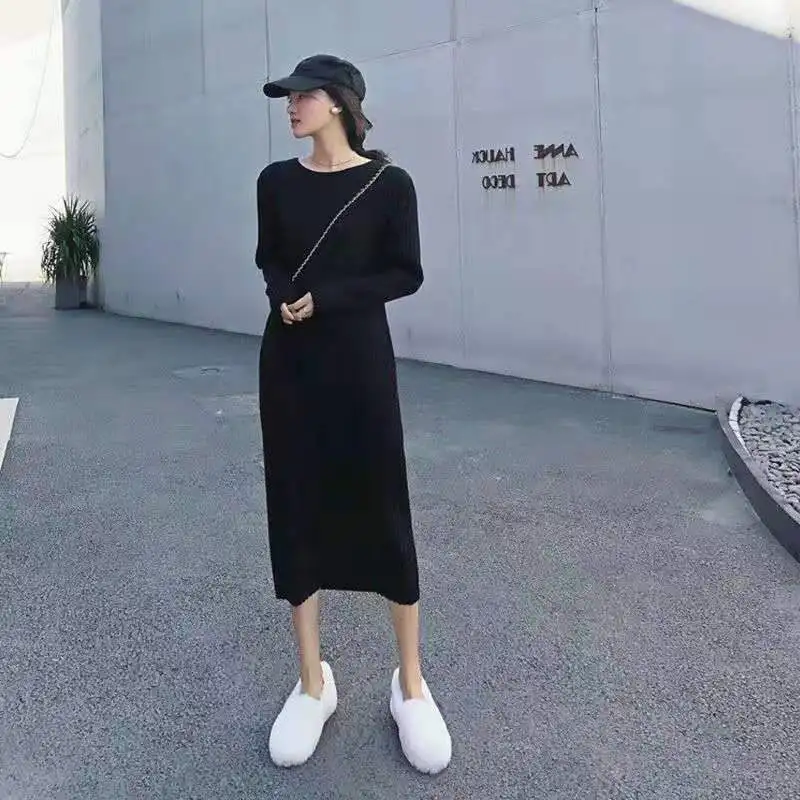 Abito a maniche lunghe donna nuovi amici stile coreano magro Maxi lavorato a maglia solido semplice Casual caldo elasticità o-collo Harajuku Vestido