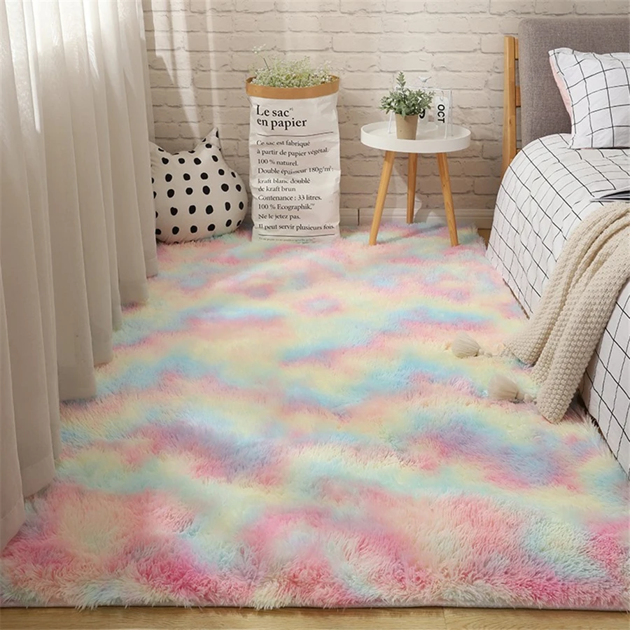 Rainbow Carpet Gradient Tie-dye Plush Rug Living Room Coffee Table Pad Carpet Bedroom Bedside Bay Window Rug Baby Crawling Mat