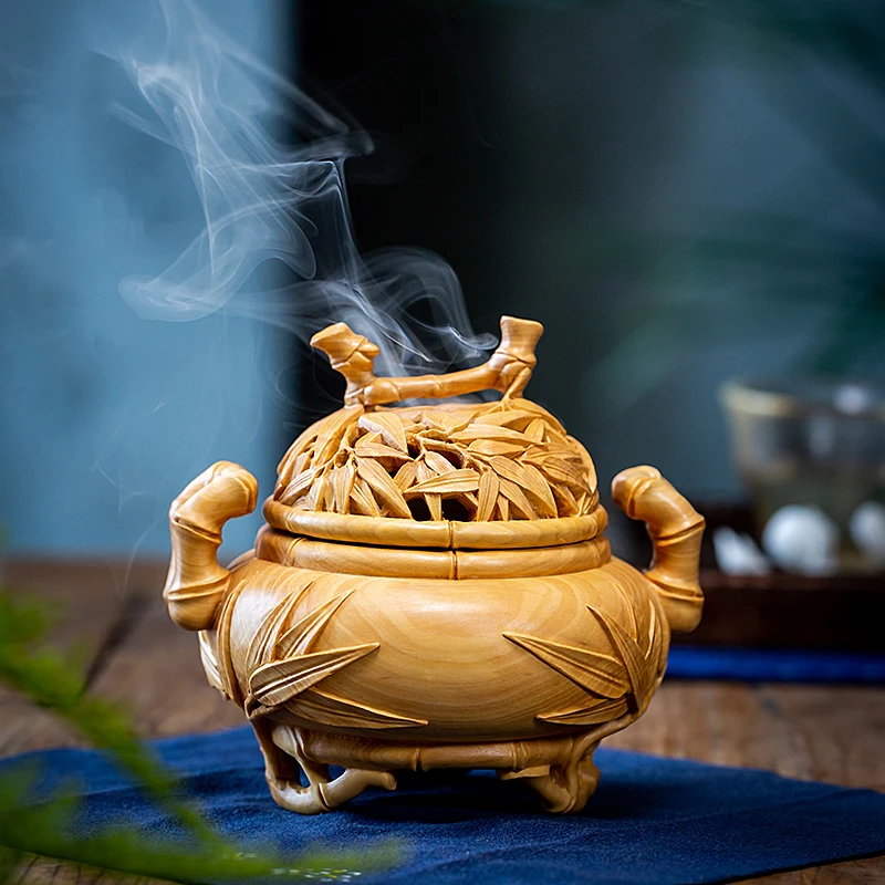 

Fine Boxwood Bamboo Incense Burner - Hand-Carved Wood Sculpture, Perfect for Home Decor and Zen Spaces