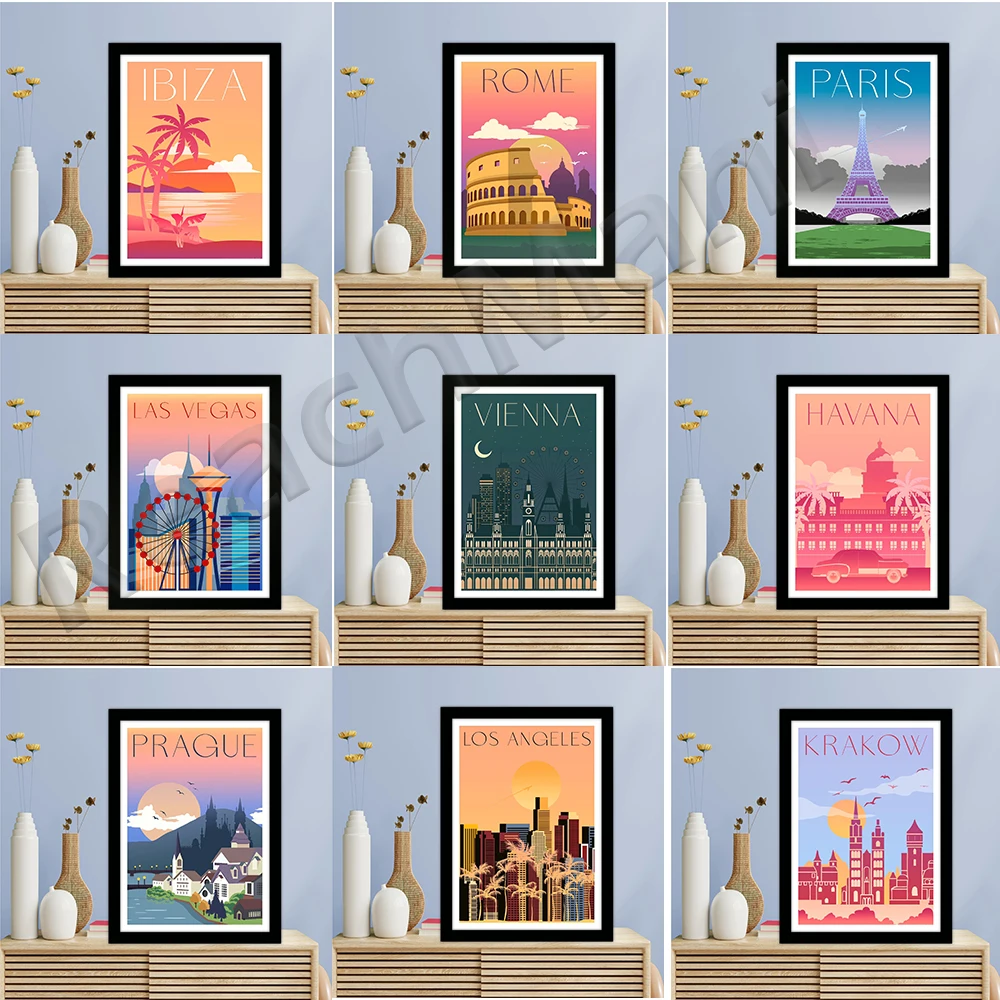 Prague, Barcelona, ​​Spain, Ibiza, Havana, Cuba, Las Vegas, Nevada, Vienna, Austria, Krakow, Budapest travel scenery posters