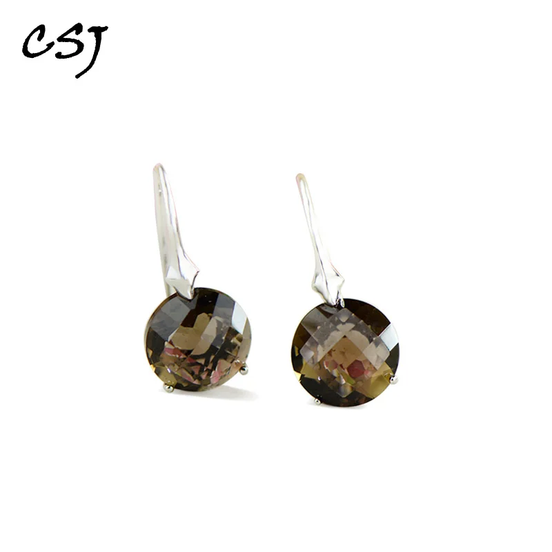 

CSJ Natural smoky quartz gemstone Earring Sterling 925 Silver Fine Jewelry For Women Lady or mother Party Gift Box