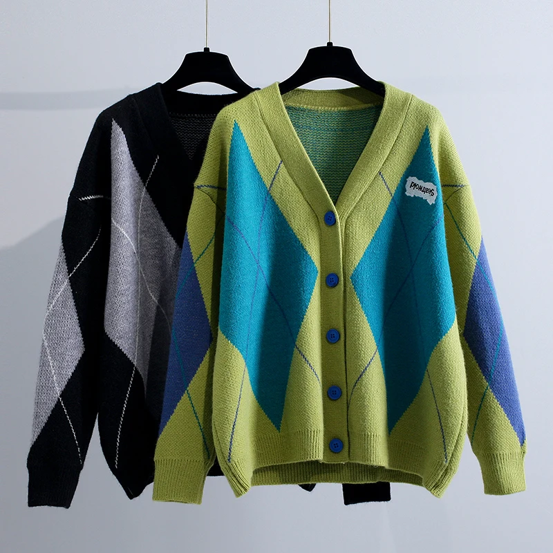 

Женский винтажный клетчатый кардиган, повседневный Свободный вязаный клетчатый свитер в стиле пэчворк, верхняя одежда в Корейском стиле, зима 2021