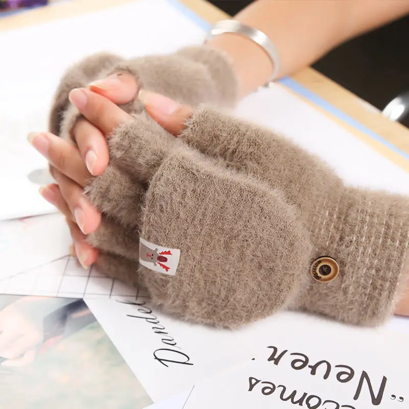 Half Fingers Wool Gloves Women Knitted Flip Cover Fur Gloves Winter Warm Cold Protection Gloves Christmas Gift For Women Girls