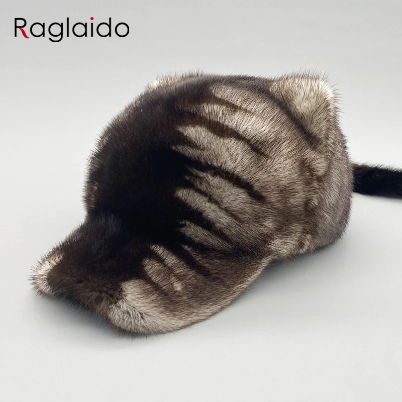 Mink Fur Hats for Women Winter Warm Solid Genuine Luxury Fur Cap High Quality Female Fur Hat with Tail Cute Girls Cat Hats
