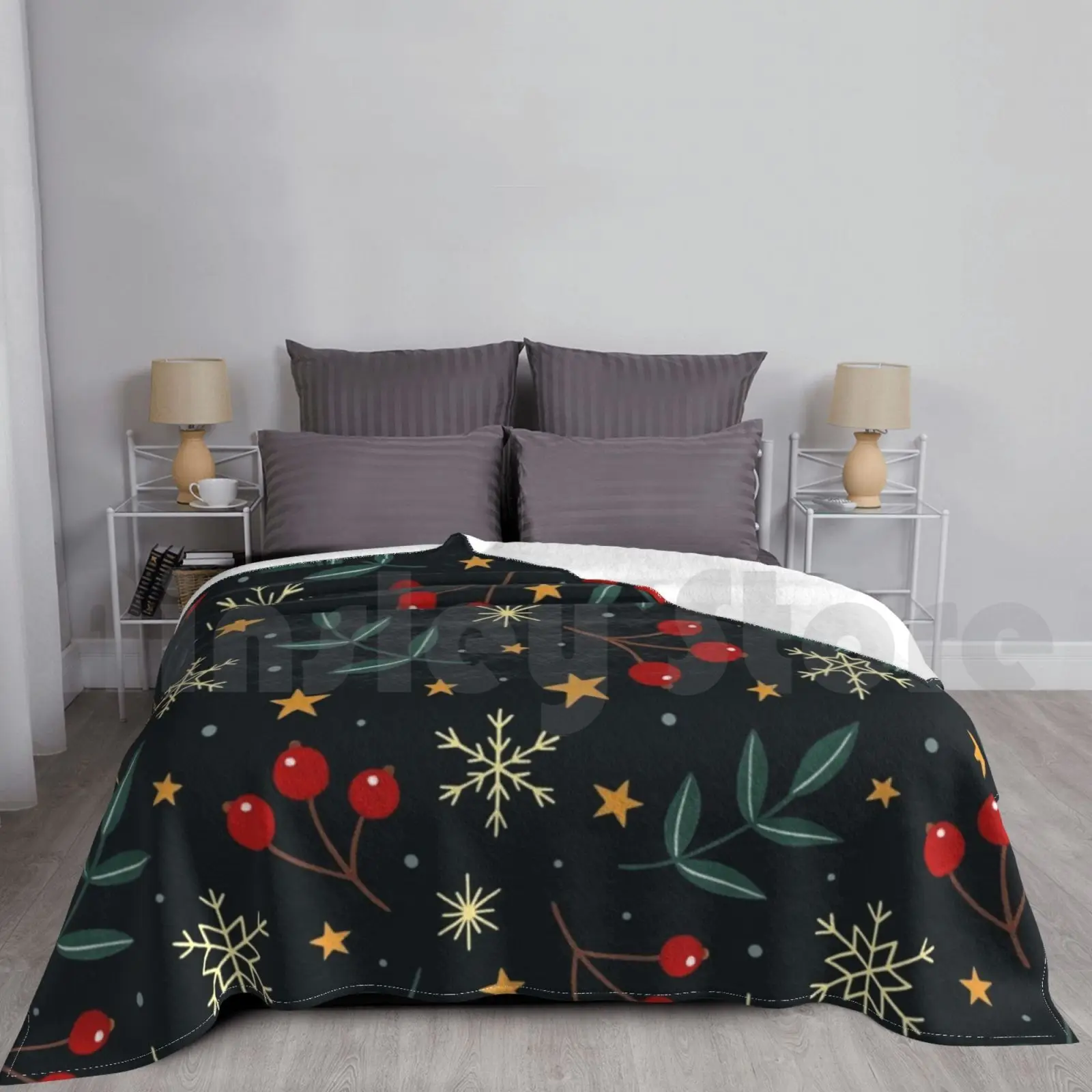 Winter Magic Blanket For Sofa Bed Travel Traditionalmedia Handpainted Gouache Winter Berries Berry Leaves Leaf