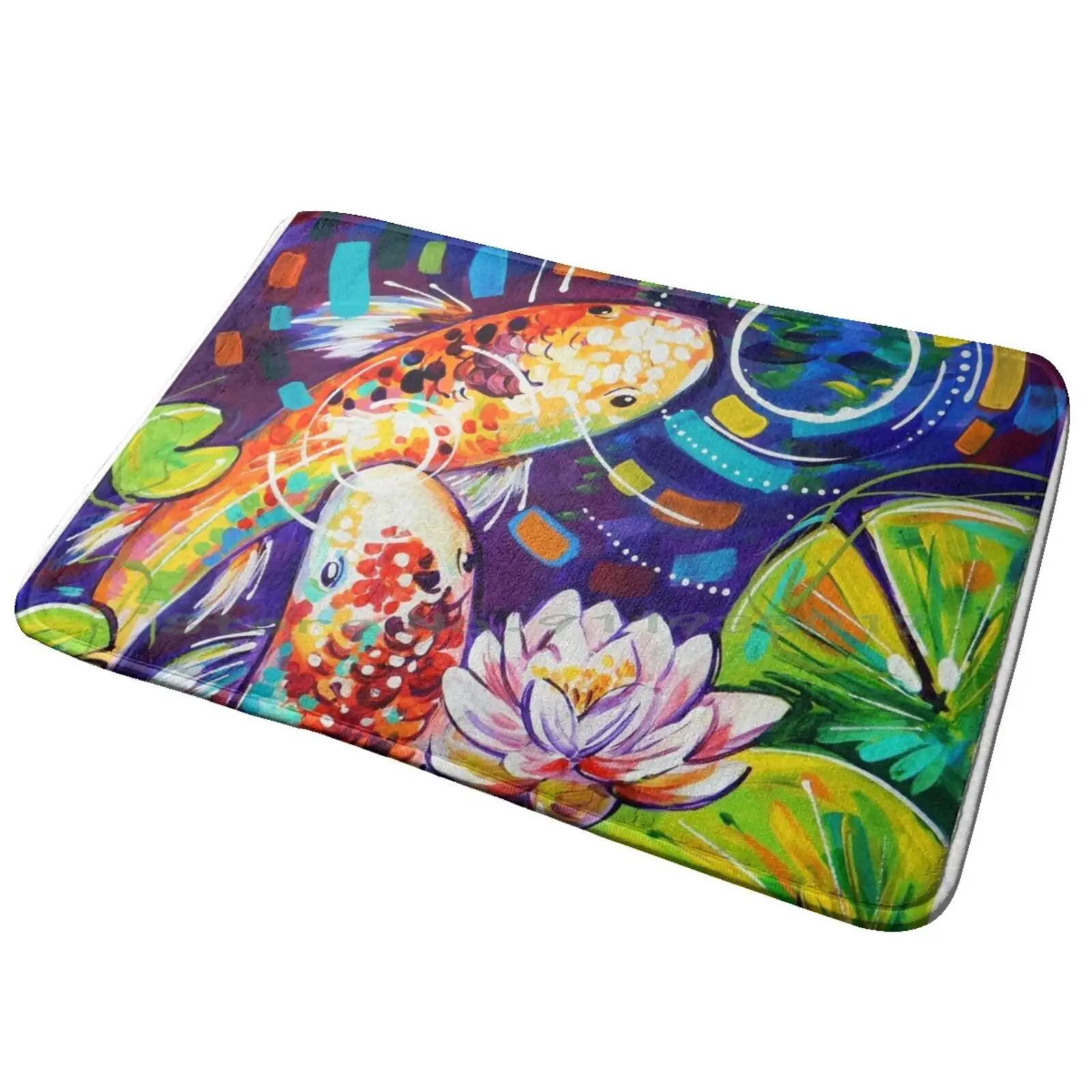 

3 Koi Fish Entrance Door Mat Bath Mat Rug Koi Fish Waterlily Pond Colorful Traditional Santruart Sandra Trubin Toomuchcolor