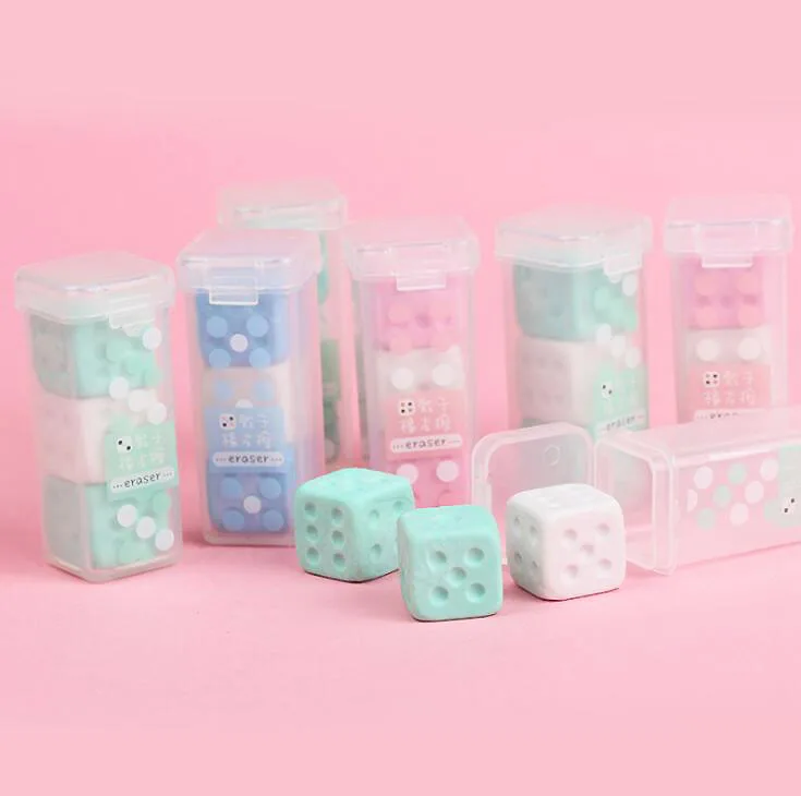 Juego de gomas de borrar con forma de dados, 3 colores caramelo, papelería Kawaii, suministros de oficina escolar (ss-707), novedad, 3 unids/lote