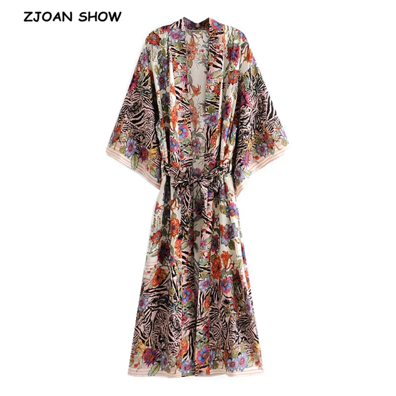 2021 Bohemia Locate Floral Print Long Kimono Shirt Hippie Women Lacing up Tie Bow Sashes Cardigan Loose Blouse BOHO Tops Holiday