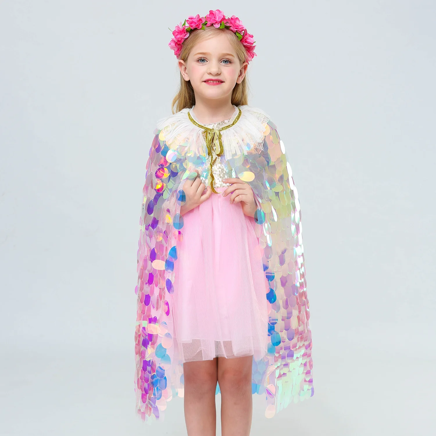 New Little Mermaid Princess Girls Sequins Cape Cloak for Beach Party Clothes Children Rainbow Shawl Cosplay Christmas Wear