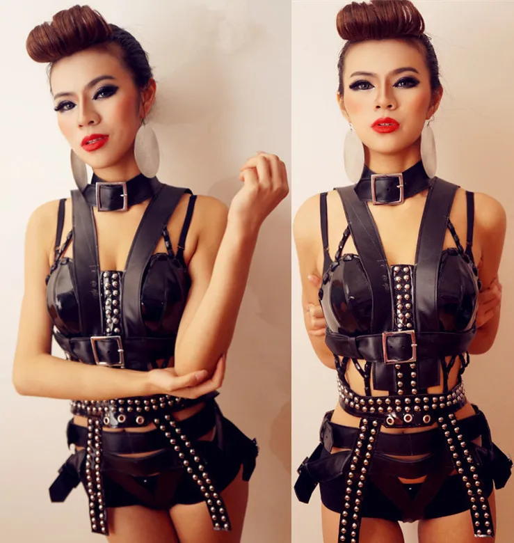 

Woman nightclub bar DJ singer stage dance wear Sexy Jazz punk nail DS Costume Rivets Performance clothing
