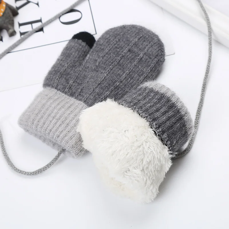 Thicken Plus Velvet Kids Mittens Winter Baby Boys Girls Knitted Gloves Knit Warm Solid Full Finger Toddler Infant Outdoor Gloves