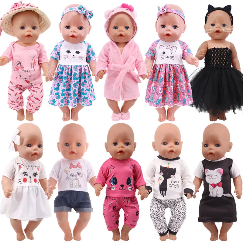 Pop Babykleertjes Kittys Kitten Kat Cartoon Jurk Schoenen Fit 18 Inch Amerikaanse 43 cm Reborn Pasgeboren Baby Pop OG Meisje Speelgoed Pop