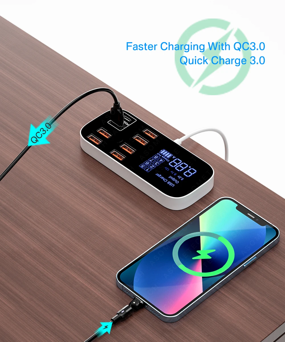 Digitalanzeige, Schnellladefunktion, USB-Ladegerät, Hub, Tablet- und Mobiltelefon-Ladegerät, Adapter, Schnellladegerät für iPhone, Xiaomi, Huawei, Samsung. – Detail 4