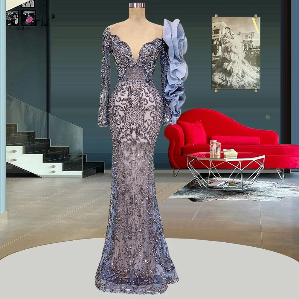 Luxury Blue Full Beading Crystals Long Mermaid Evening Dress Lace Prom Dresses With Ruffle Sleeves Trend 2022 Celebrity Dresses