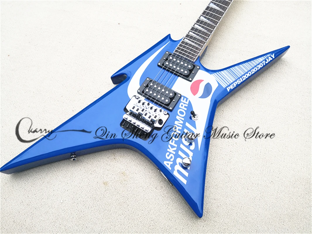 custom  6 string electric guitar,blue guitar,HH pickups,tremolo bridge, PEPS pattern veneer,chrome buttons