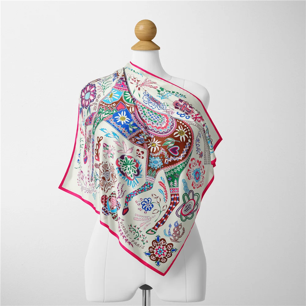 Twill Silk Scarf Woman Horse Floral Print Square Scarves Wraps Bandana Small Hijab Foulards Lady Tie Headband Neckerchief 53CM