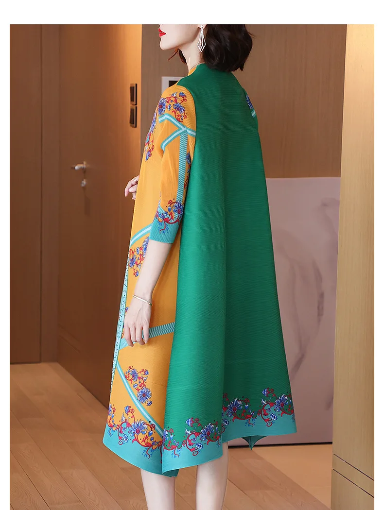 HOT SELLING Miyake pleated one-piece dress  stand neck Improved cheongsam Chinese style retro print  A-Line dress IN STOCK