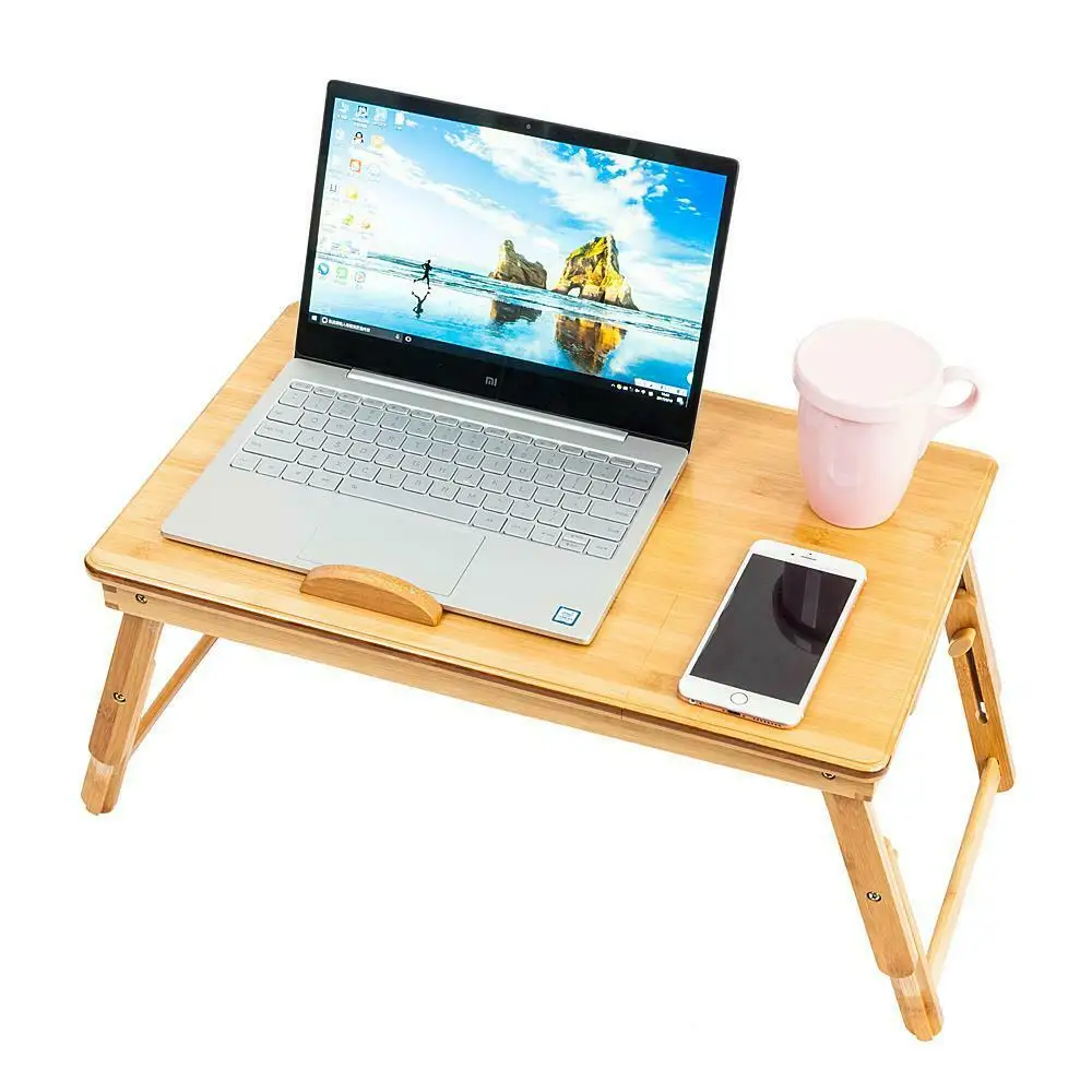 

Bamboo Laptop Desk Adjustable Breakfast Serving Bed Tray with Tilting Top Drawer