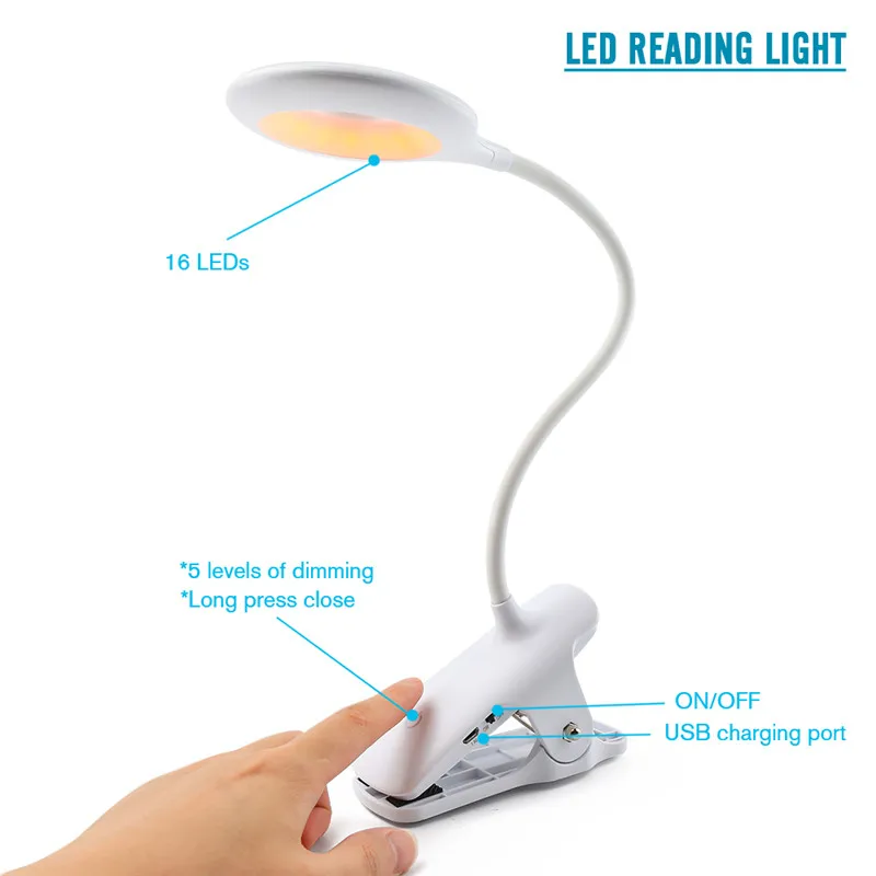 Clip On Table Lamp Blue Light Blocking Amber LED Desk Lamp USB Rechargeable Table lights Dimmable Book light for Study Reading