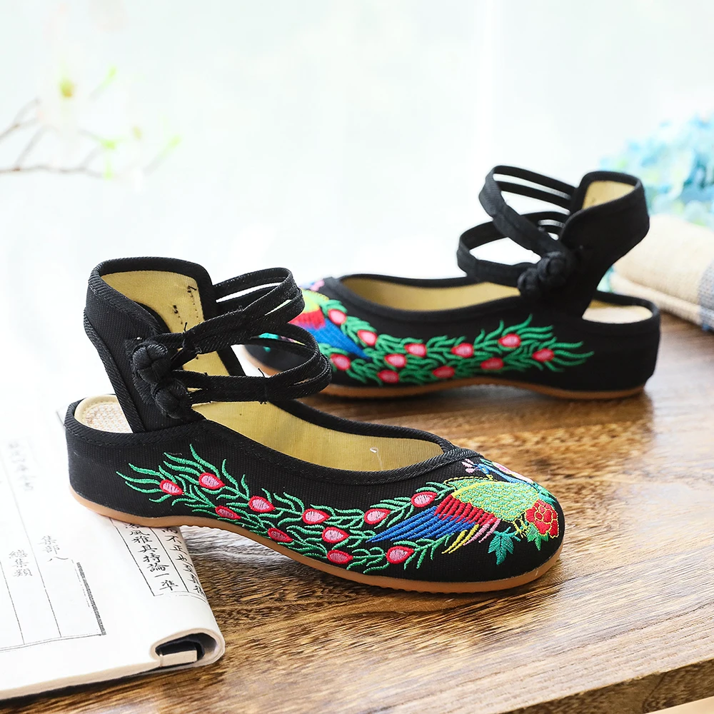 Veowalk Handmade Woman Slingbacks Flats Vintage Chinese Peacock Embroidered Cotton Backless Shoes Summer Comfortable