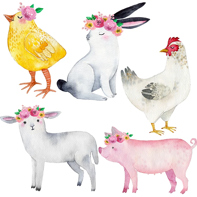 Three Ratels QCF20 Warm watercolor Farm small animal rabbit goat chicken pink piglet  wall stickers for children home decoration