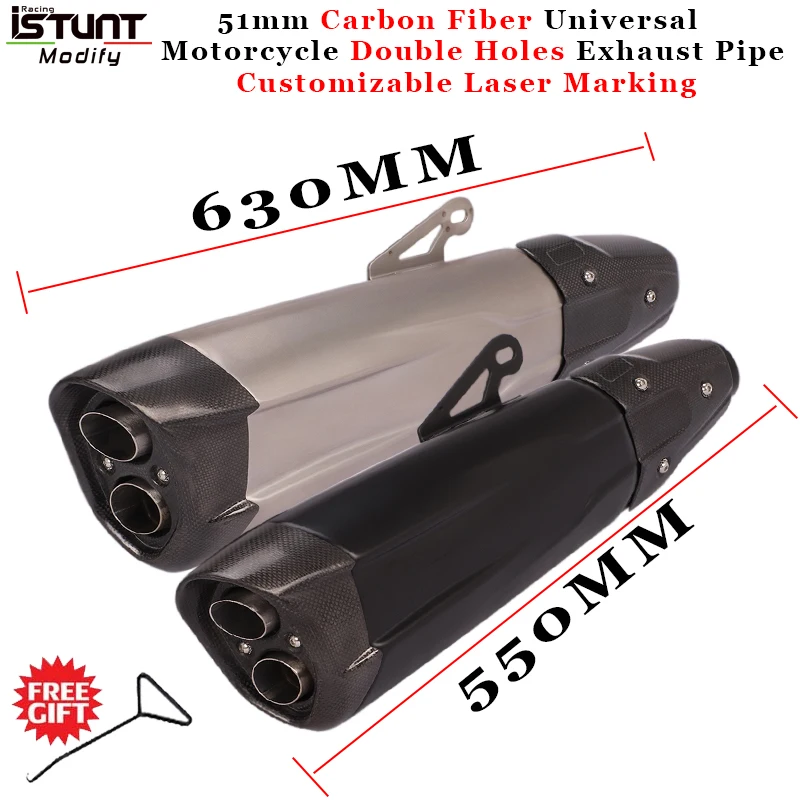 51mm Carbon Fiber Universal Motorcycle Double Holes Escape Exhaust Pipe Muffler For FZ800 TMAX500 GSX1300R CB600 F800GS ZX-10R