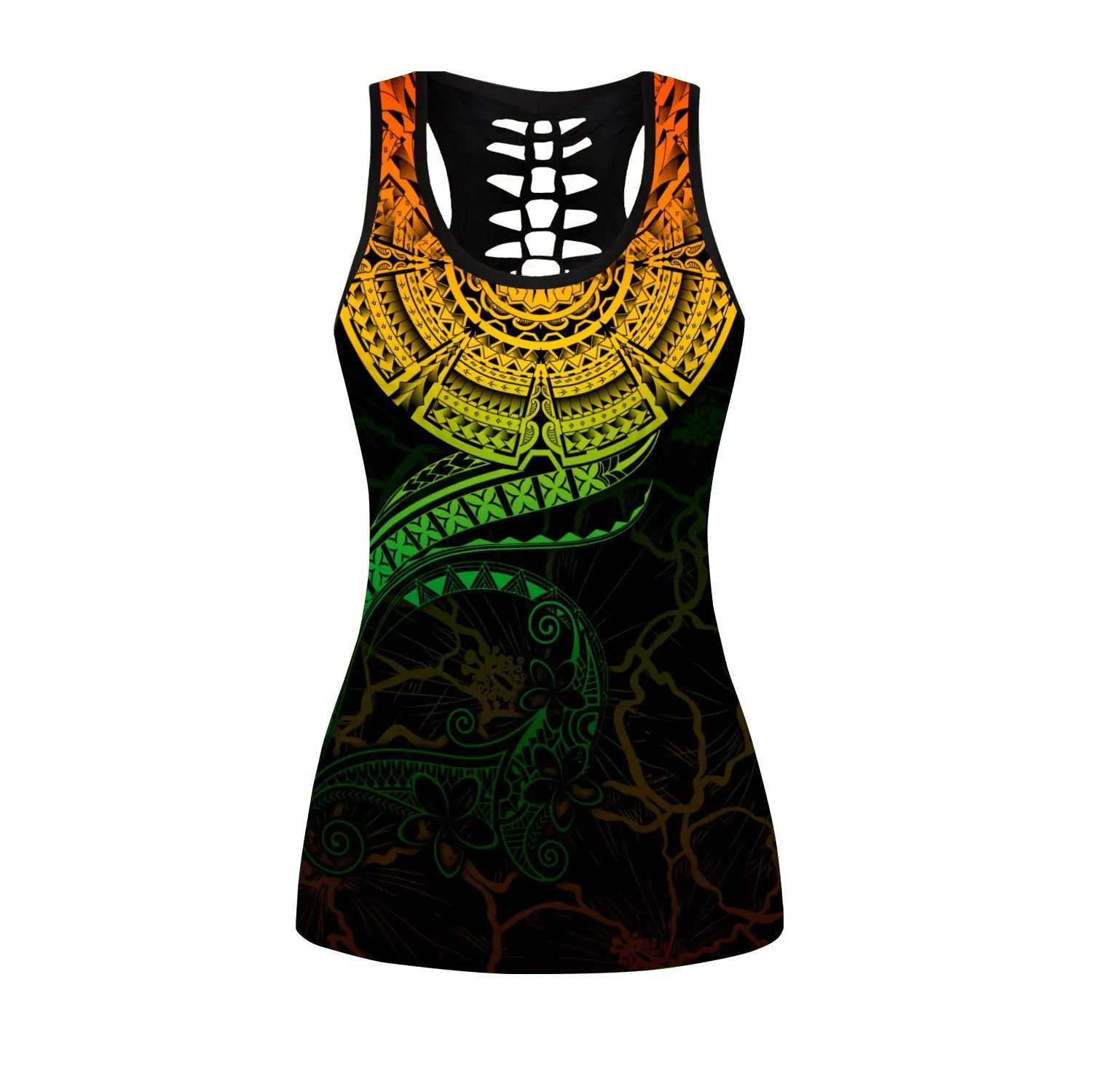 Polynesian Tattoo Pattern 3D Printed Hollow Tank Top & Leggings Set Fitness Female Full Length Leggings Running Pants DDK79