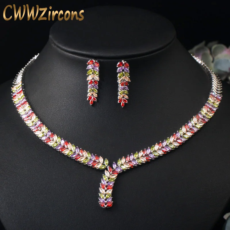 

CWWZircons Dangle Drop Leaf Shape Multicolor Cubic Zirconia Women Party CZ Necklace and Earrings Set Bridal Costume Jewelry T171