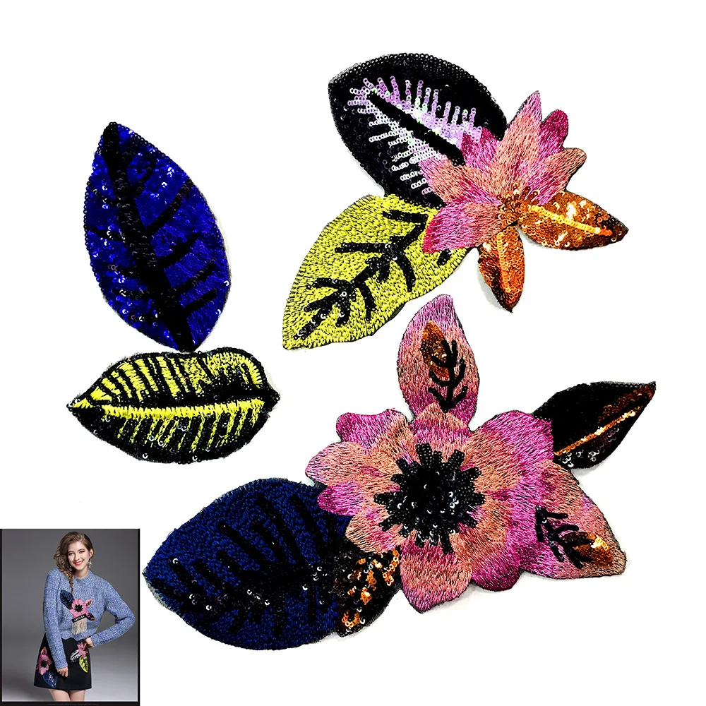 Export USA High Quality Shining Diamond Sequins Leaves Flower Patches for Clothes DIY Accessories