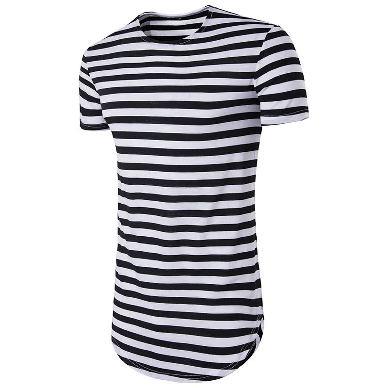 New Men Round Neck Long Sleeve extended arc hem Striped T-shirt Slim Fit T Shirts Casual Male Tops