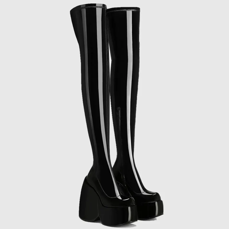 DORATASIA Female Motorcycle Boots High Wedges Black Zipper Platform Thigh High Boots INS Brand Cool Fashion Punk Gothic Shoes