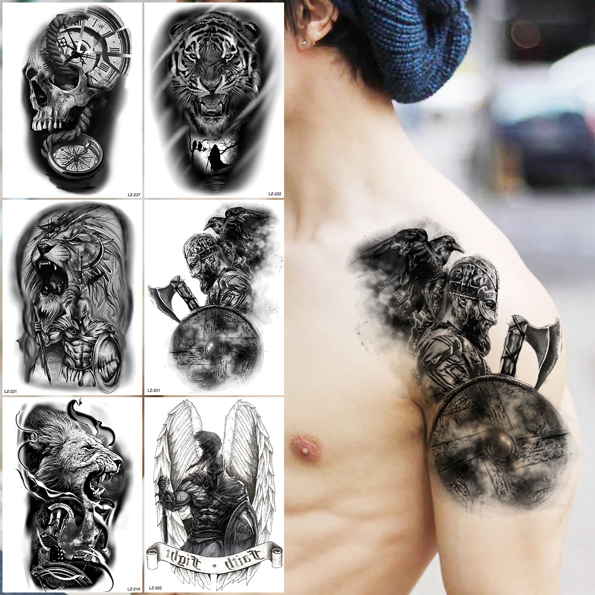 Black Kinght Shield Temporary Tattoos For Men Adyults Realistic Lion Skull Compass Tiger Fake Tattoo Sticker Arm Body Tatoos 3D