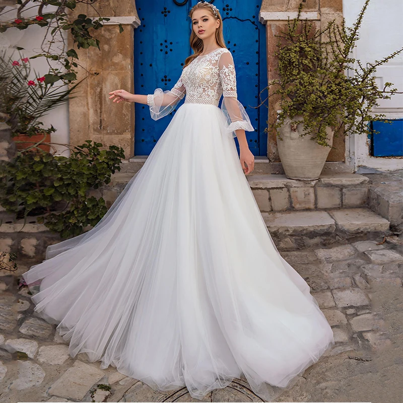 Personalizado weilinsha vestido de casamento 2023 senhoras clássico o pescoço tule apliques 3/4 mangas vestido de noiva com botão voltar d