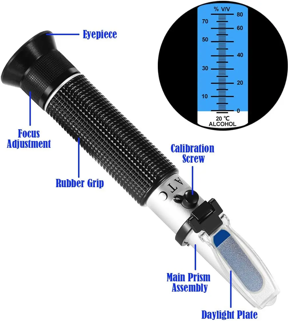 Refratômetro de destilaria portátil 0-80% v/v, refratômetro de álcool, testador de nível de álcool