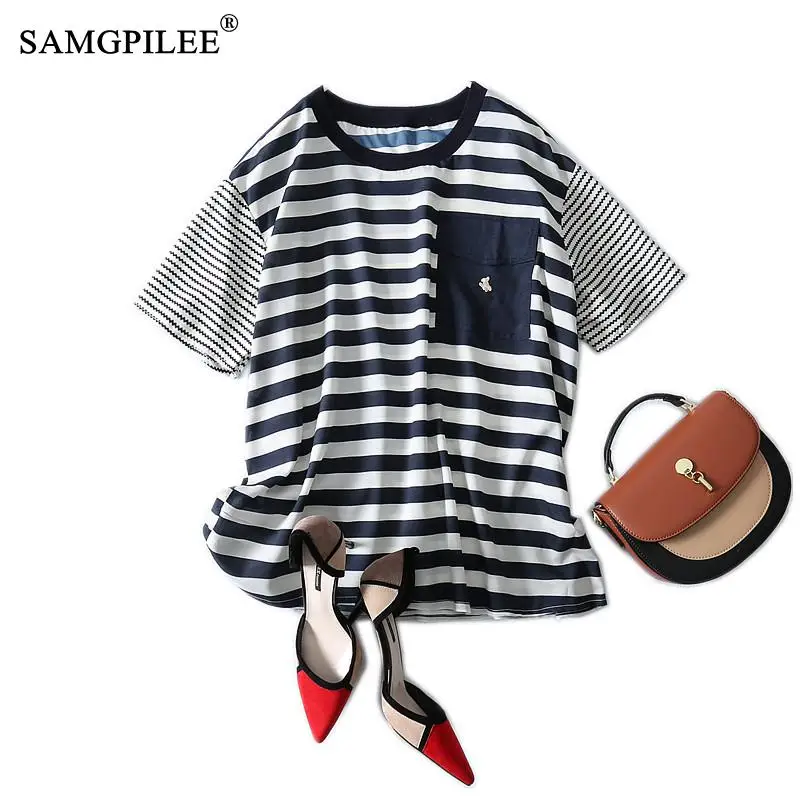 

Summer Women T-shirts 2022 New Korean Style Fashion Classic Striped Patchwork Raglan Short Sleeve Thin Chiffon Tshirt Woman 4XL