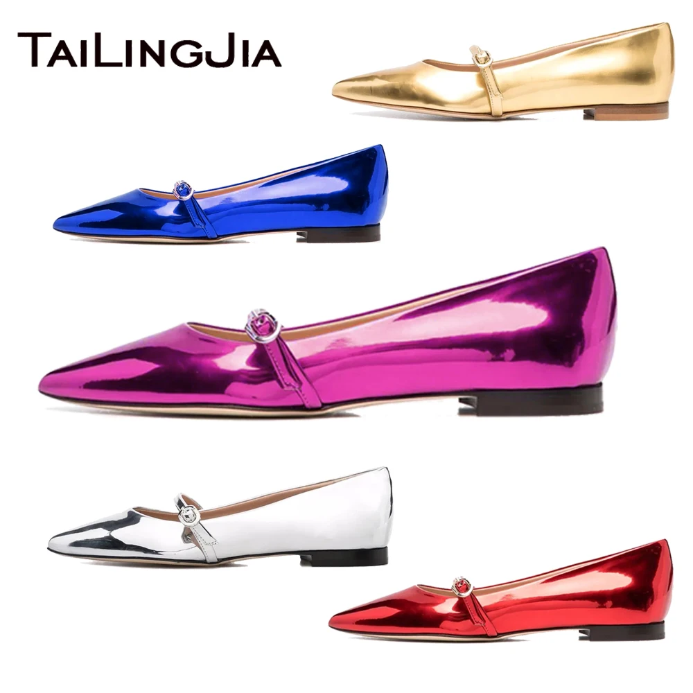 Gold Flat Shoes for Women Pointed Toe Plus Size Flats Ladies Elegant Pumps Silver Shiny Patent Leather Strap Ballet Shoe Red