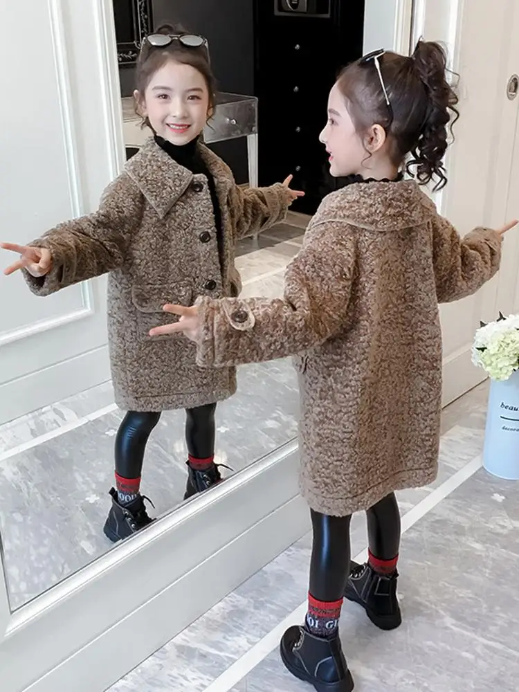 Hot Girls Lamb Woollen Coat 2023 New Fall Winter Children's Fur Integrated Outerwear Clothes Kids Mid-Length Thickened Jacket