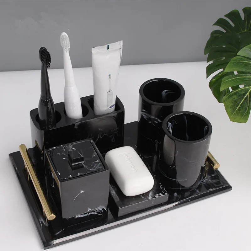 Bathroom Accessories Set Resin Bath Toilet Soap Dispenser/Dish Toothbrush Holder/Rack Gargle Cup Marbling Wedding Gifts 5-6 Pcs