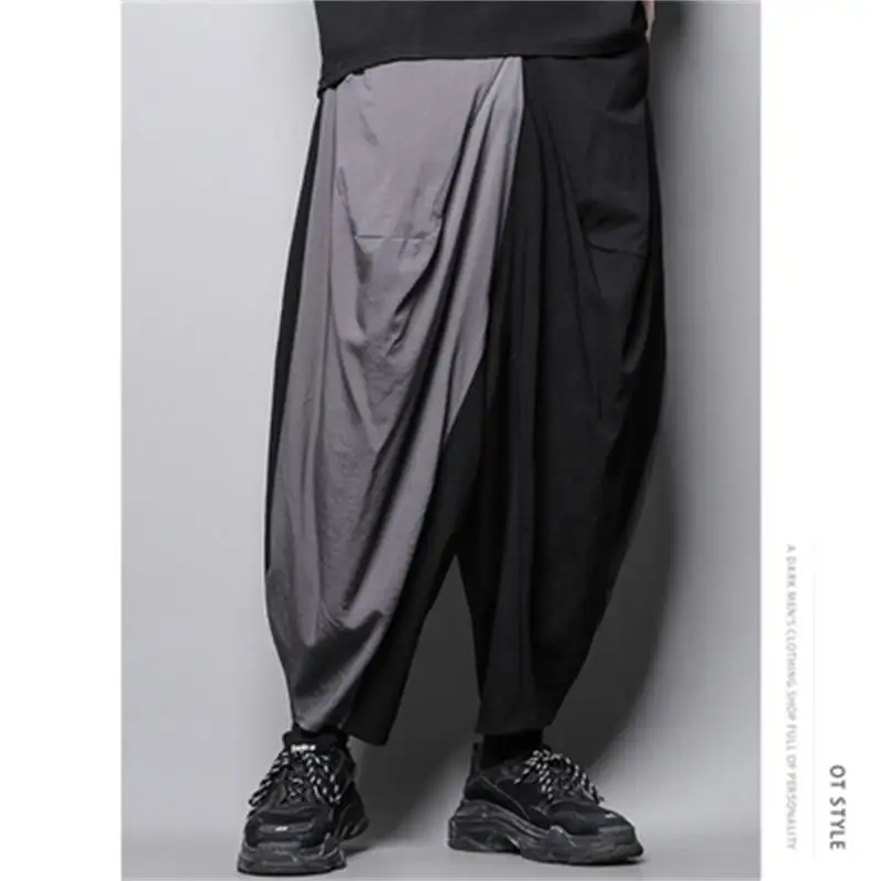 Men Clash Color Casual Pants Spring/Summer New Elastic Waist Asymmetric Design Pendulous Relaxed Harlan Pants Wide Leg Pants