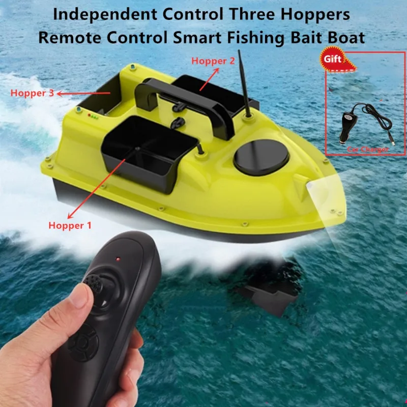 Intelligent  RC Fishing Bait Boat 500M Control Distance 2KG Loading High Speed Dual Light 3 Hopper Fishing Boat With Car Charge