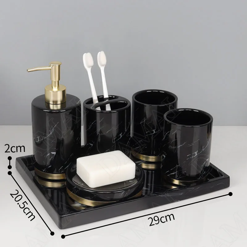 European Ceramic Bathroom Set Five Piece Set Marble Texture Washbasin Soap Bottle Golden Stroke Modern Home Bathrooms Decoration